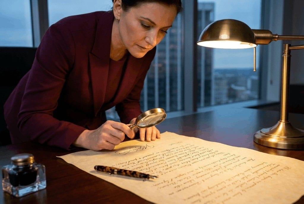 Executive reviewing document with magnifying glass